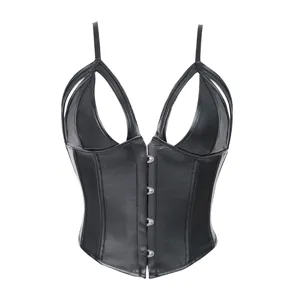 Femme Sexy Creux Fausse Cuir Corset Haut Sans Bretelles Dos Nu Lacets Bustier Style Cour Coupe Slim Gainant Court Haut