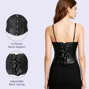 Top corset en faux cuir noir pour femmes, bustier sexy à lacets au dos avec bretelles.