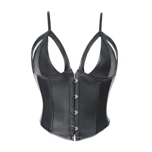 Élégant top corset noir en similicuir avec bretelles et fermeture à crochets femme