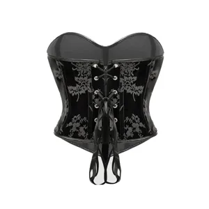 Black floral faux leather corset top with front lacing and suspender straps for women.