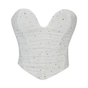 Top Corsetto senza Spalline in Rete con Paillettes Sexy da Donna Push-Up Bustier Modellante per Festa