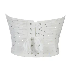 Top corsetto bianco in rete con paillettes senza spalline, bustino sexy con lacci.
