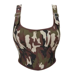 Top Corset Camouflage pour Femmes Bretelle Réglable Bustier Coupe Slim Crop Top à Baleines Sexy Fête Clubwear Streetwear