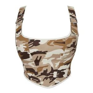 Top corset camouflage pour femmes avec bretelles réglables et baleines pour un style chic.