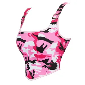Haut de corset camouflage rose pour femmes, bretelles réglables, bustier baleiné.