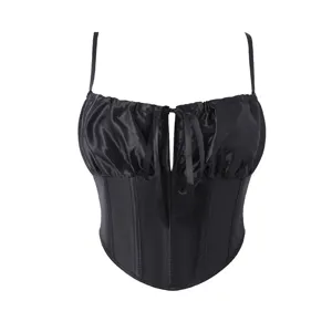 Sexy Womens Satin Corset Top Black Back Lace Up Front Tie Boned Bustier Crop Tank Top Slim Fit Fashion Streetwear