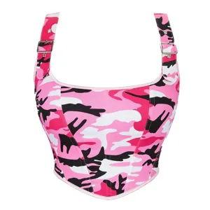 Haut de corset camouflage rose pour femmes, avec bretelles réglables et structure baleinée.