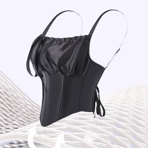 Black satin corset top with thin straps and lace up back, stylish sleeveless bustier for women.