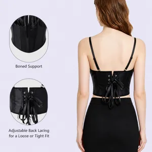 Black corset crop top with back lacing and boning support for women sexy clubwear fashion.