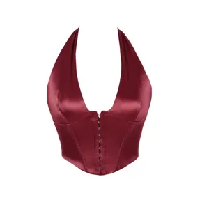 Sexy Satin Halter Neck Fishbone Corset Top Slim Fit Backless Bustier Vest With Front Hook Closure Fashion Shapewear For Women