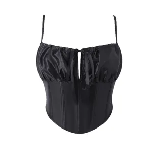 Black satin corset top with ruched bust, spaghetti straps and front tie detailing main view