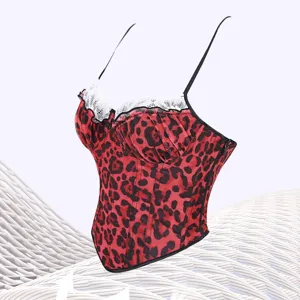 Red leopard print corset top with white lace trim and double straps, stylish shapewear.