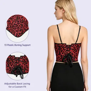 Red leopard print camisole corset top with double straps and back lacing for women.