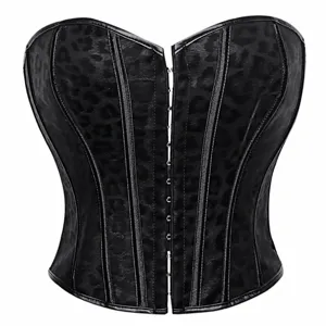 Haut de Corset de Palais en Similicuir Noir pour Femmes Vintage Boutonnage Simple Push Up Modelant Bustier Jacquard Léopard