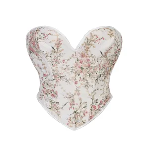Women Sweetheart Neck Floral Print Corset Top Vintage Bustier Lace Up Bone Supported Crop Top Slim Fit Party Clubwear