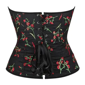 Haut de corset noir brodé avec motif floral rouge et laçage ruban pour femmes sexy et élégant.