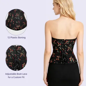 Top corset noir brodé de fleurs avec 12 baleines et laçage arrière réglable.