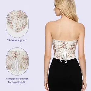Floral print corset top vintage bustier lace up back boned bodice for women