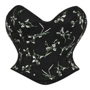 Black floral embroidered corset top women sexy strapless body shaping bustier vintage camis