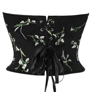 Black floral embroidered corset top for women, sexy boned bustier shapewear for party clubwear.