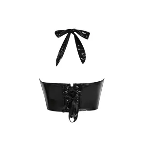 Black patent leather halter top sexy lace up bustier gothic corsets for women clubwear