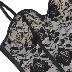 Élégant corset top noir en dentelle pour femme, sexy bustier fleuri avec baleines.