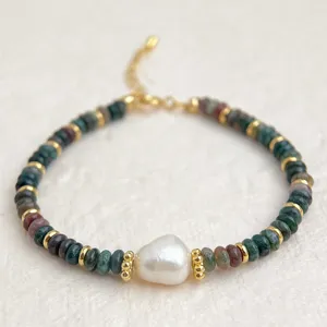 Handmade natural stone Indian agate baroque pearl beaded bracelet retro vintage style jewelry