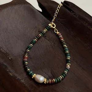 Natural Stone Indian Agate Freshwater Pearl Bracelet Handmade Retro Ethnic Style Beaded Jewelry For Women