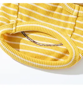 Cute striped pet vest detail shot, soft knitted fabric for small dogs and cats summer wear.