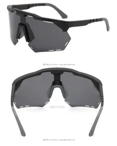Detailed view of large frame polarized sports sunglasses for cycling and outdoor sports activities.