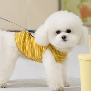 Summer striped pet vest for small dogs and cats, cute cartoon bear design, breathable fabric.