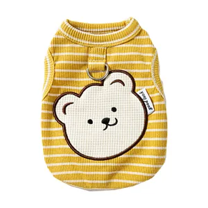 Summer yellow white striped pet vest for dogs cats cute bear patch D-ring pet clothes