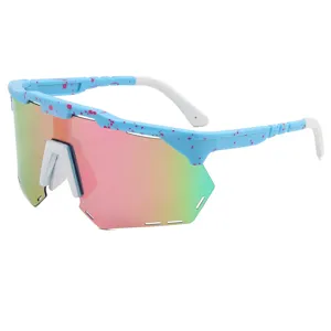Polarized sports cycling sunglasses with large colorful reflective lenses and blue splatter frame.