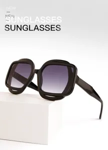 Trendy black polygonal sunglasses with gradient lenses for women and men, stylish sun eyewear.