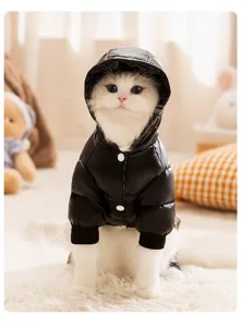 Detaillierte Nahaufnahme einer süßen weißen Katze mit warmer schwarzer Kapuzen-Steppjacke.