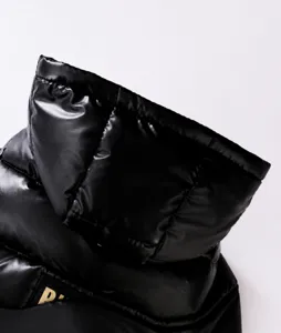 Detailansicht schwarzer Haustier Daunenjacke Kapuze, warmes winddichtes Material für Hunde und Katzen.