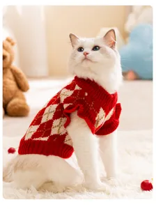 Bonito jersey de rombos para mascotas con bordado de cerezas, ropa de punto de invierno cálida.