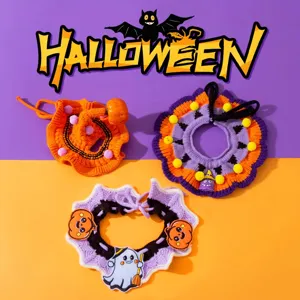 Detailed view of cute Halloween knit pet bibs featuring pumpkin and ghost designs.