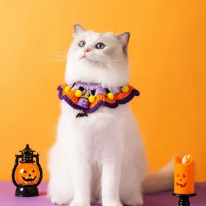 Cute Halloween knitted pet bib and collar for cats and dogs, featuring spooky pumpkin and bat charms.