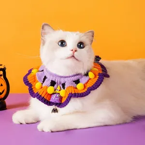 Halloween knitted pet collar cute cat dog bib with pom poms and ghost charm for festival party