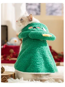 Cute Christmas tree pet cape for cats and small dogs, warm thick winter fleece costume apparel.