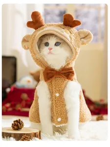 Cute cat reindeer costume for autumn and winter, warm fleece pet cloak for small dogs and holiday.