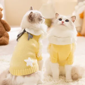 Herfst Winter Schattige Huisdier Kat Hond Gebreide Trui Verdikt Warm Prinses Jurk Puppy Kleding Kern-Gesponnen Garen Geel