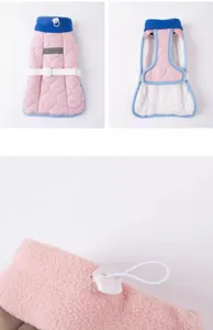 Pet warm winter vest detail view, pink quilted dog coat with fleece lining and adjustable strap.