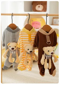 Breathable fleece striped four-leg pet jumpsuit with cute 3D bear, warm dog and cat clothes