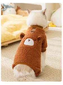 Cozy brown fleece cat clothes with cute bear ears and face design for autumn winter pet warmth.