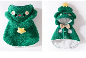 Cute Christmas tree pet winter warm fleece cloak for cats and dogs, holiday apparel.