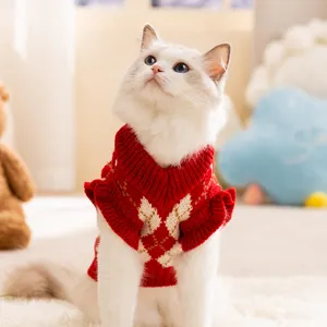 Lindo jersey de punto de invierno para gato y mascota, bordado de rombos, ropa cálida de perro.