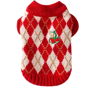 Suéter de invierno para mascota perro gato rojo argyle tejido linda cereza bordado ropa mascota