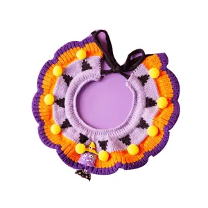 Halloween Pet Knitted Collar Cute Witch Bat Cat Bib Orange Purple Pom Pom Dog Accessories